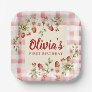 Pink Gingham Strawberry Floral Birthday Paper Plate