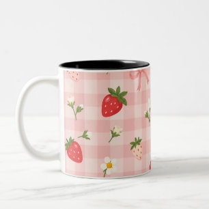 Pink Gingham Strawberry Floral Coquette Pattern Two-Tone Coffee Mug