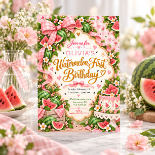 Pink Gingham Summer 1st Birthday Girl Party Invitation