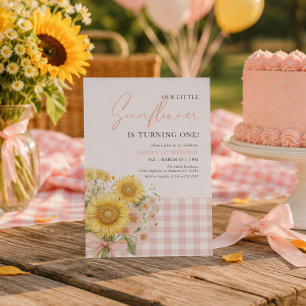 Pink Gingham Sunflower 1st Birthday Invitation