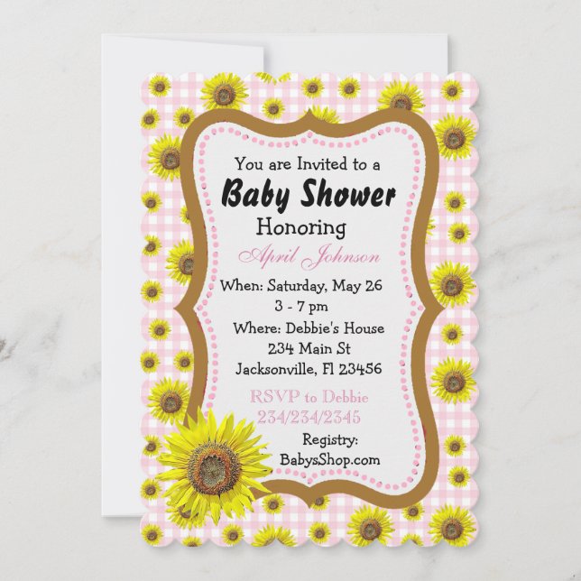 Pink Gingham Sunflower  Baby Shower Invites (Front)
