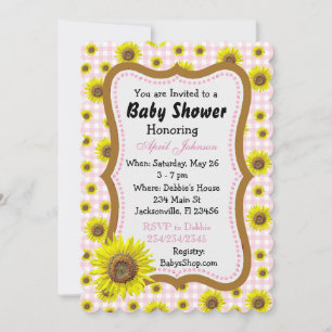 Pink Gingham Sunflower Baby Shower Invites