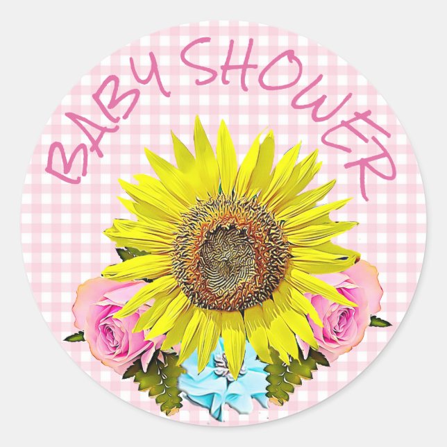 Pink Gingham Sunflower BABY SHOWER  Stickers (Front)