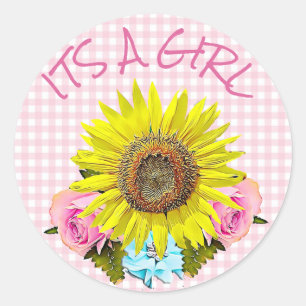 Pink Gingham Sunflower BABY SHOWER  Stickers