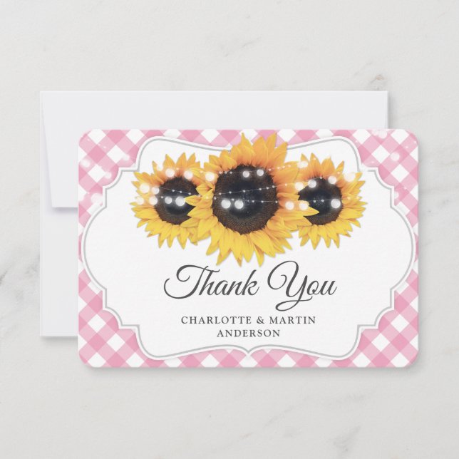 Pink Gingham Sunflower Wedding Thank You Card (Front)