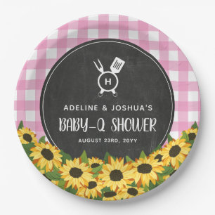 Pink Gingham Sunflowers Chalkboard Baby-Q Shower Paper Plate