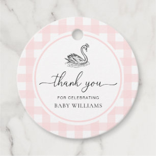 Pink Gingham Swan Baby Shower Favour Tags