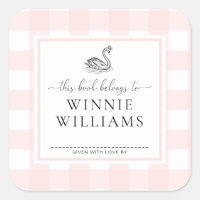 Pink Gingham Swan Bookplate Sticker