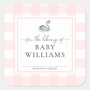 Pink Gingham Swan For The Library Of Bookplate Square Sticker