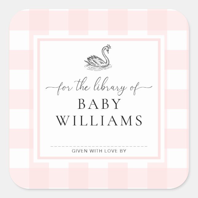 Pink Gingham Swan For The Library Of Bookplate Square Sticker (Front)