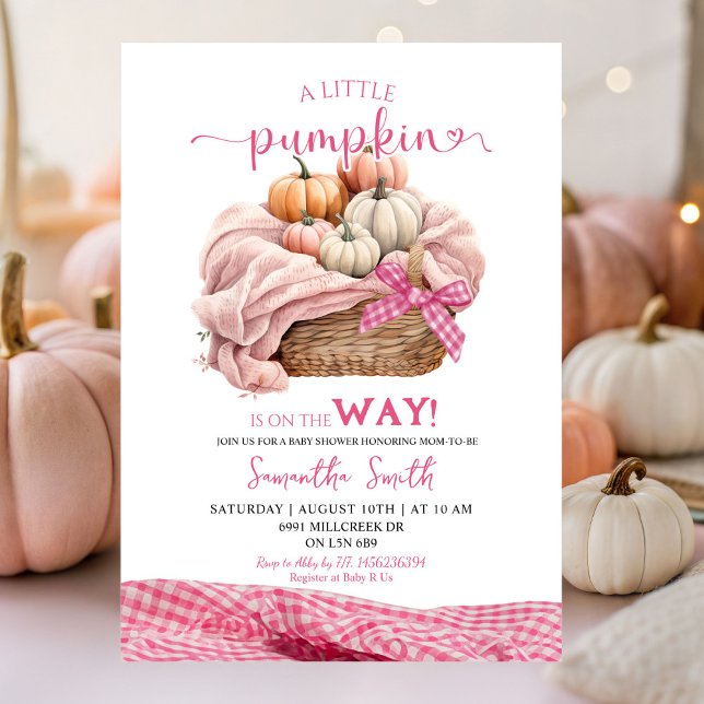 Pink Gingham Sweet Pumpkin Baby Shower Invitation (Creator Uploaded)