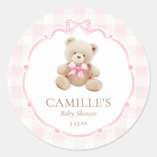 Pink Gingham Teddy Bear Baby Shower Classic Round Sticker