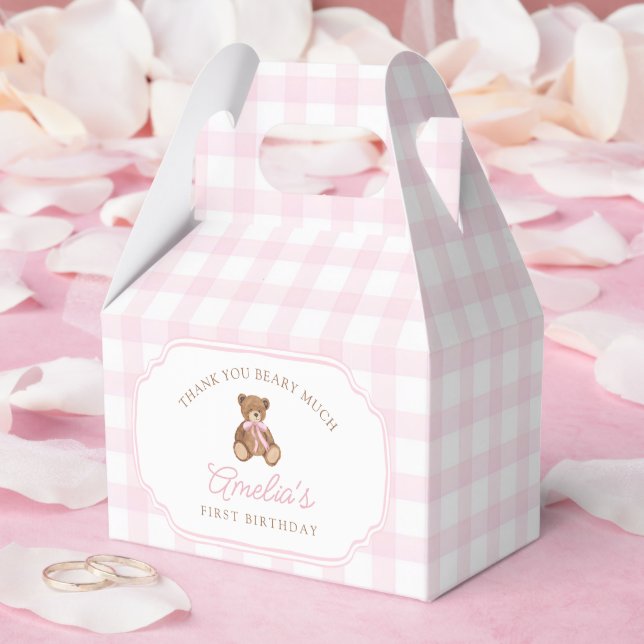 Pink Gingham Teddy Bear Beary First Birthday Favour Box (Wedding)