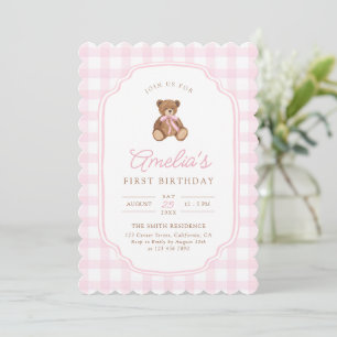Pink Gingham Teddy Bear Beary First Birthday Invitation
