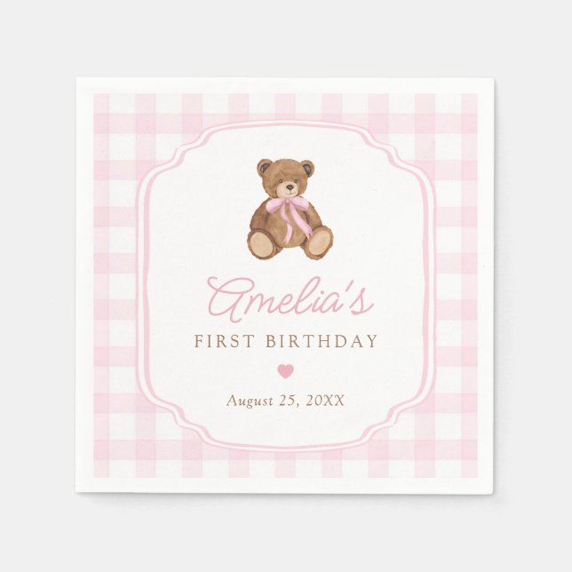 Pink Gingham Teddy Bear Beary First Birthday Napkin (Front)