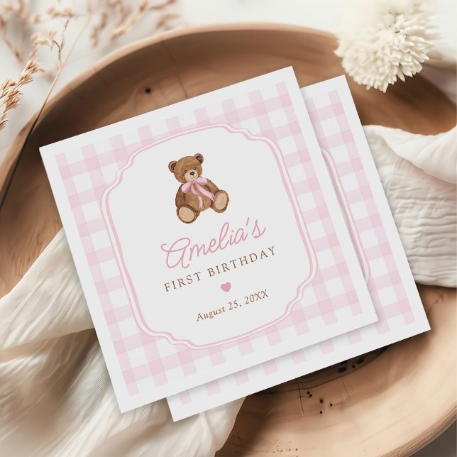 Pink Gingham Teddy Bear Beary First Birthday Napkin (Creator Uploaded)