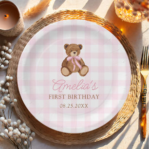 Pink Gingham Teddy Bear Beary First Birthday Paper Plate