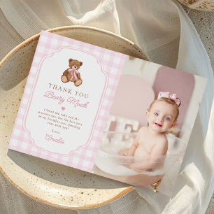 Pink Gingham Teddy Bear Beary First Birthday Photo Thank You Card