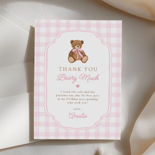 Pink Gingham Teddy Bear Beary First Birthday Thank You Card