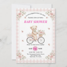 Pink Gingham Teddy Bear Bicycle Baby Shower