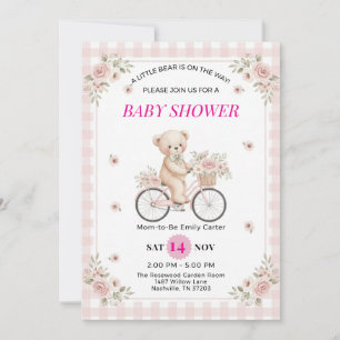 Pink Gingham Teddy Bear Bicycle Baby Shower Invitation