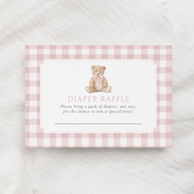 Pink Gingham Teddy Bear Diaper Raffle Ticket Enclosure Card (Creator Uploaded)
