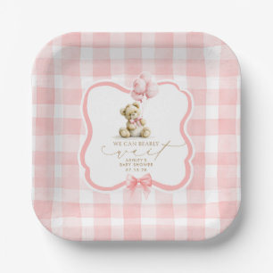 Pink Gingham Teddy Bear Girl Baby Shower Paper Plate
