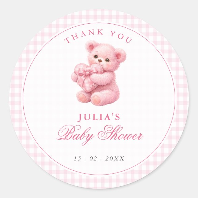 Pink Gingham Teddy Bear Neutral Baby Shower Classic Round Sticker (Front)