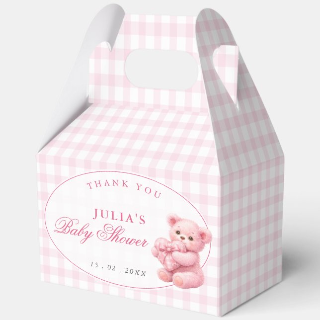 Pink Gingham Teddy Bear Neutral Baby Shower Favour Box (Front)