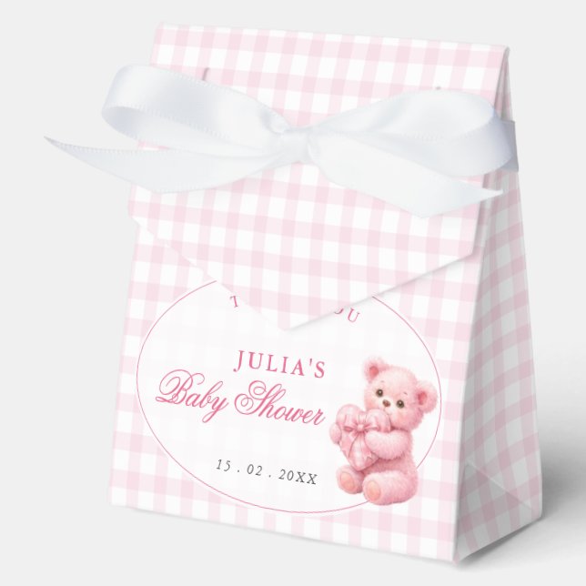 Pink Gingham Teddy Bear Neutral Baby Shower Favour Box (Front)