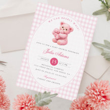 Pink Gingham Teddy Bear Neutral Baby Shower