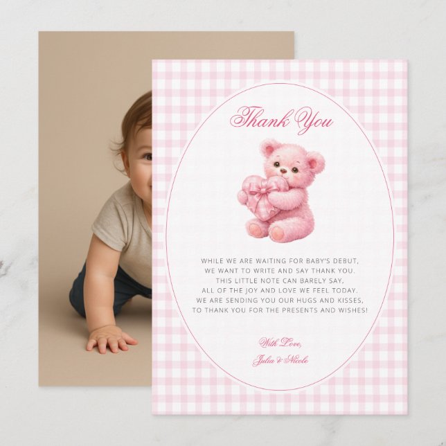 Pink Gingham Teddy Bear Neutral Baby Shower Invitation (Front/Back)