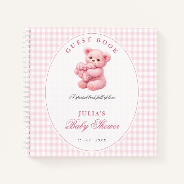 Pink Gingham Teddy Bear Neutral Baby Shower Notebook (Front)