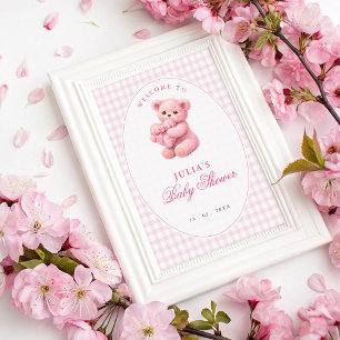 Pink Gingham Teddy Bear Neutral Baby Shower Poster
