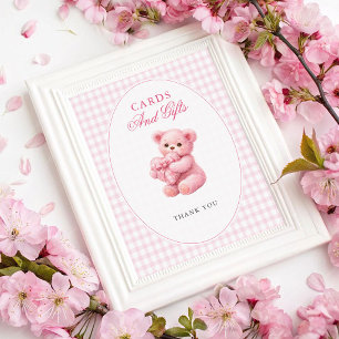Pink Gingham Teddy Bear Neutral Baby Shower Poster