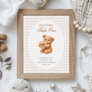 Pink Gingham Teddy Bear Neutral Baby Shower Poster