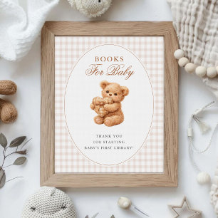 Pink Gingham Teddy Bear Neutral Baby Shower Poster