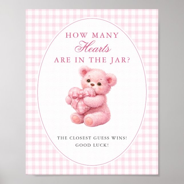 Pink Gingham Teddy Bear Neutral Baby Shower Poster (Front)