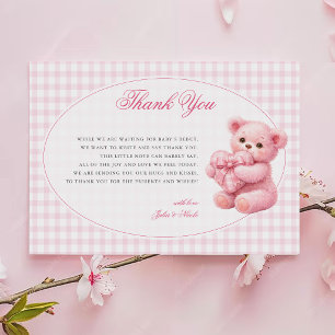 Pink Gingham Teddy Bear Neutral Baby Shower Thank You Card