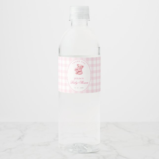 Pink Gingham Teddy Bear Neutral Baby Shower Water Bottle Label (Front)