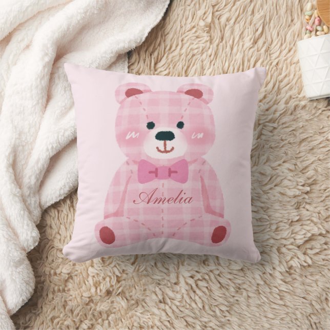 Pink Gingham Teddy Cushion (Blanket)