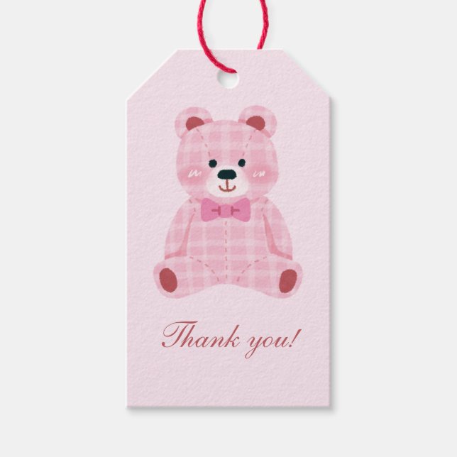 Pink Gingham Teddy Gift Tags (Front)