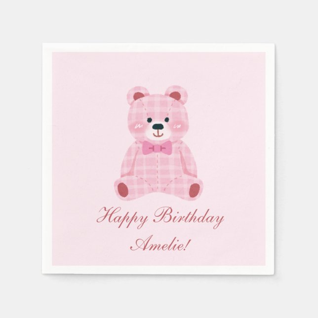 Pink Gingham Teddy Napkin (Front)