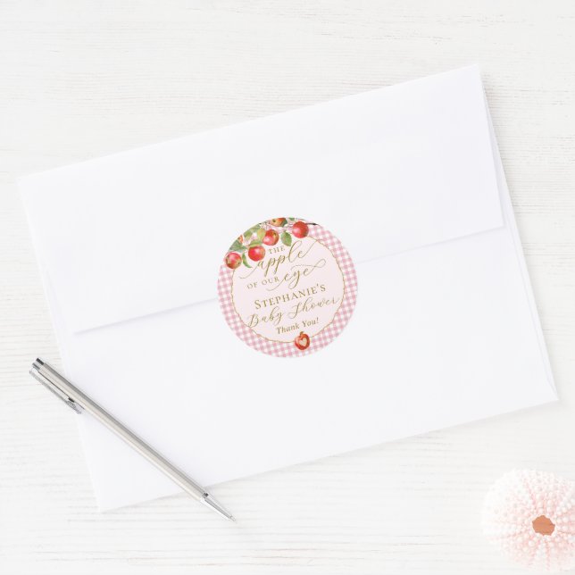 Pink Gingham The Apple Of Our Eye Fall Baby Shower Classic Round Sticker (Envelope)
