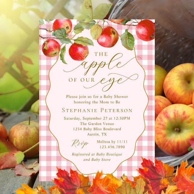 Pink Gingham The Apple Of Our Eye Fall Baby Shower Invitation (Creator Uploaded)