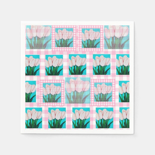 Pink Gingham Tulip Cocktail Napkin (Front)
