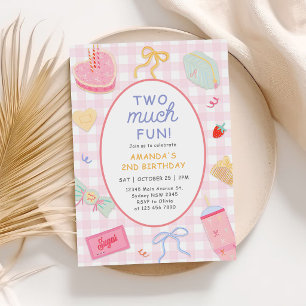 Pink Gingham "Two Much Fun" Girl 2nd Birthday Invitation