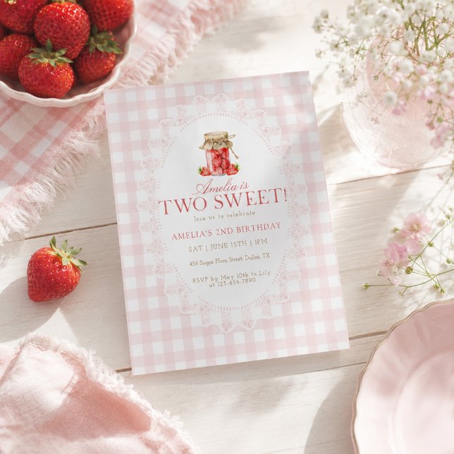 Pink Gingham Two Sweet Strawberry Birthday Invitation (Creator Uploaded)