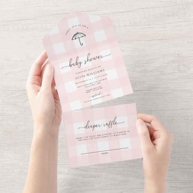 Pink Gingham Umbrella Baby Shower All In One Invitation (Tearaway)