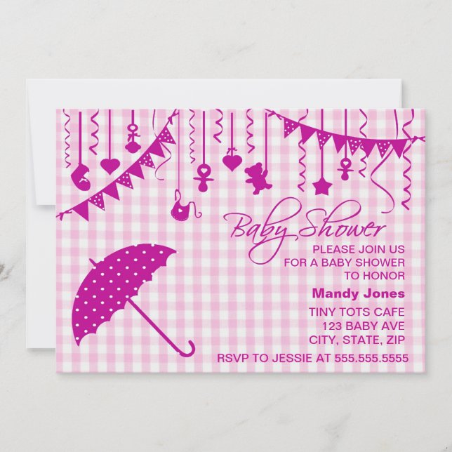 Pink Gingham umbrella baby shower invitations (Front)